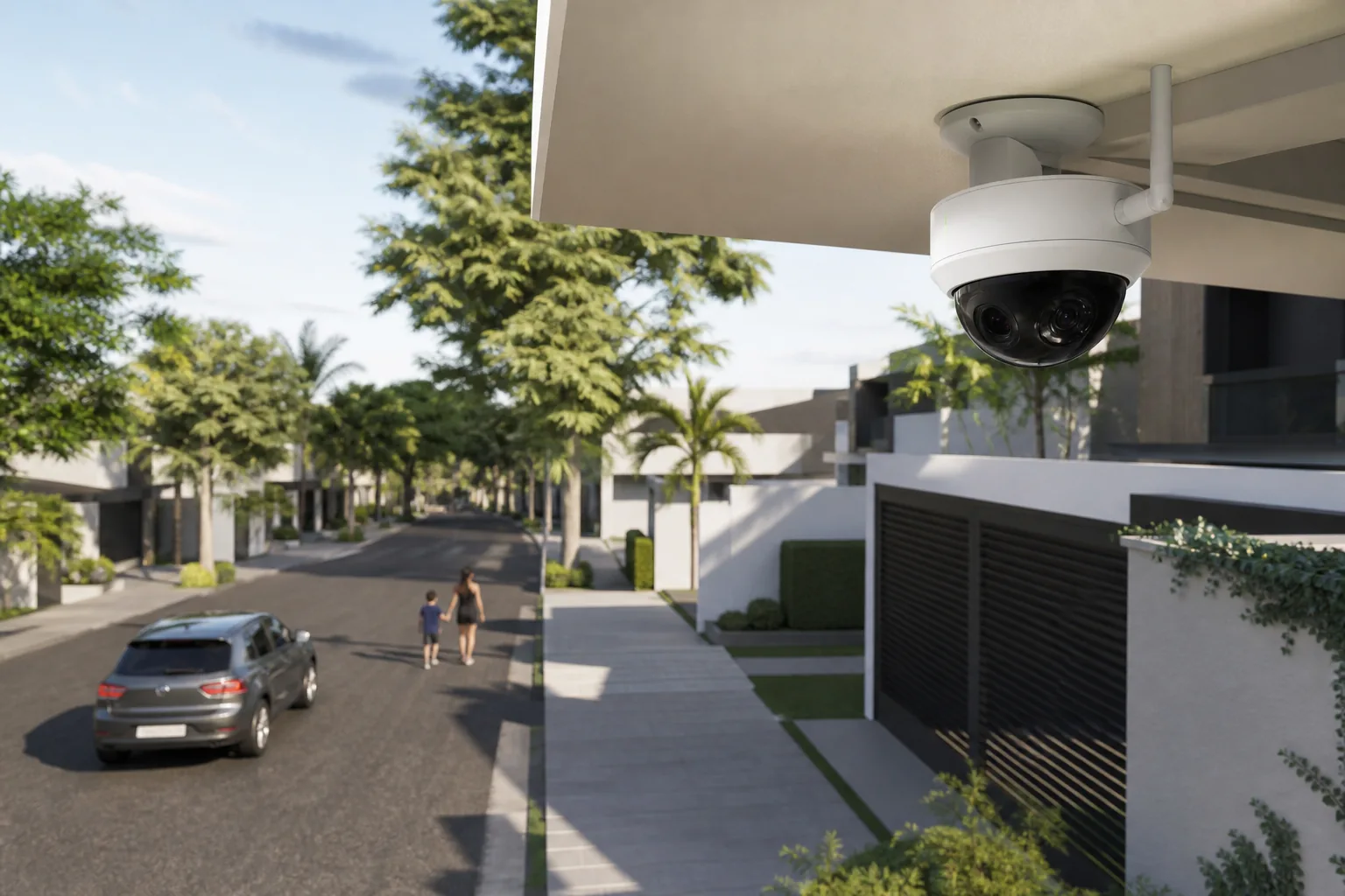 Câmera inteligente instalada na área externa de uma residência