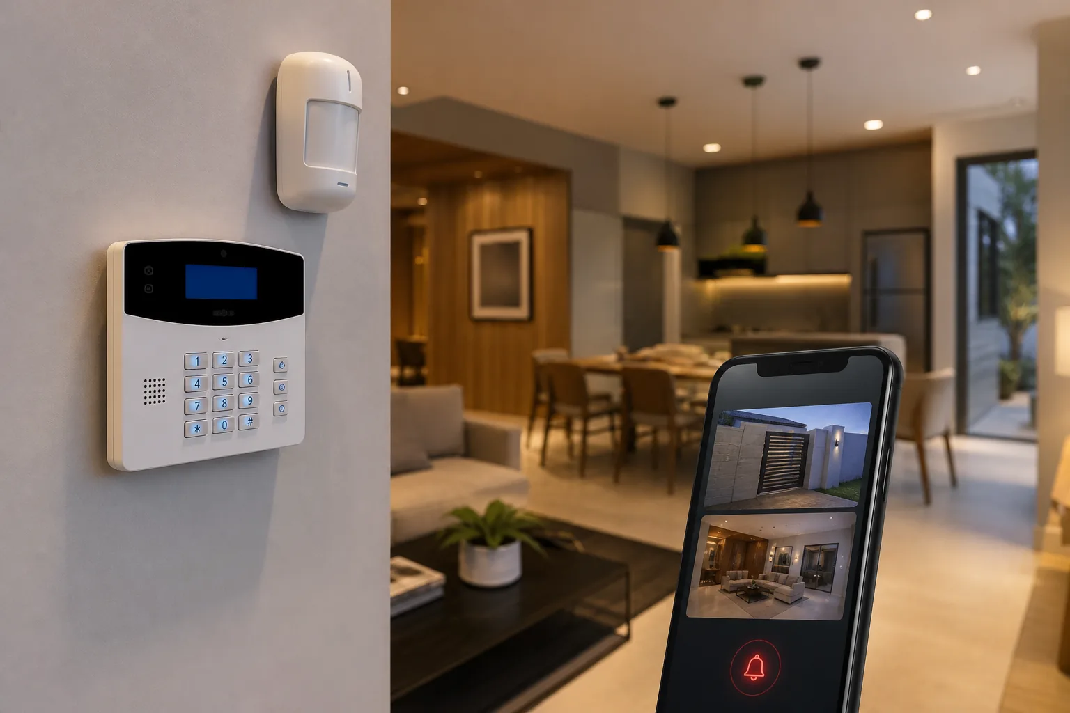 Central de alarme, sensor de presença e celular em uma residência