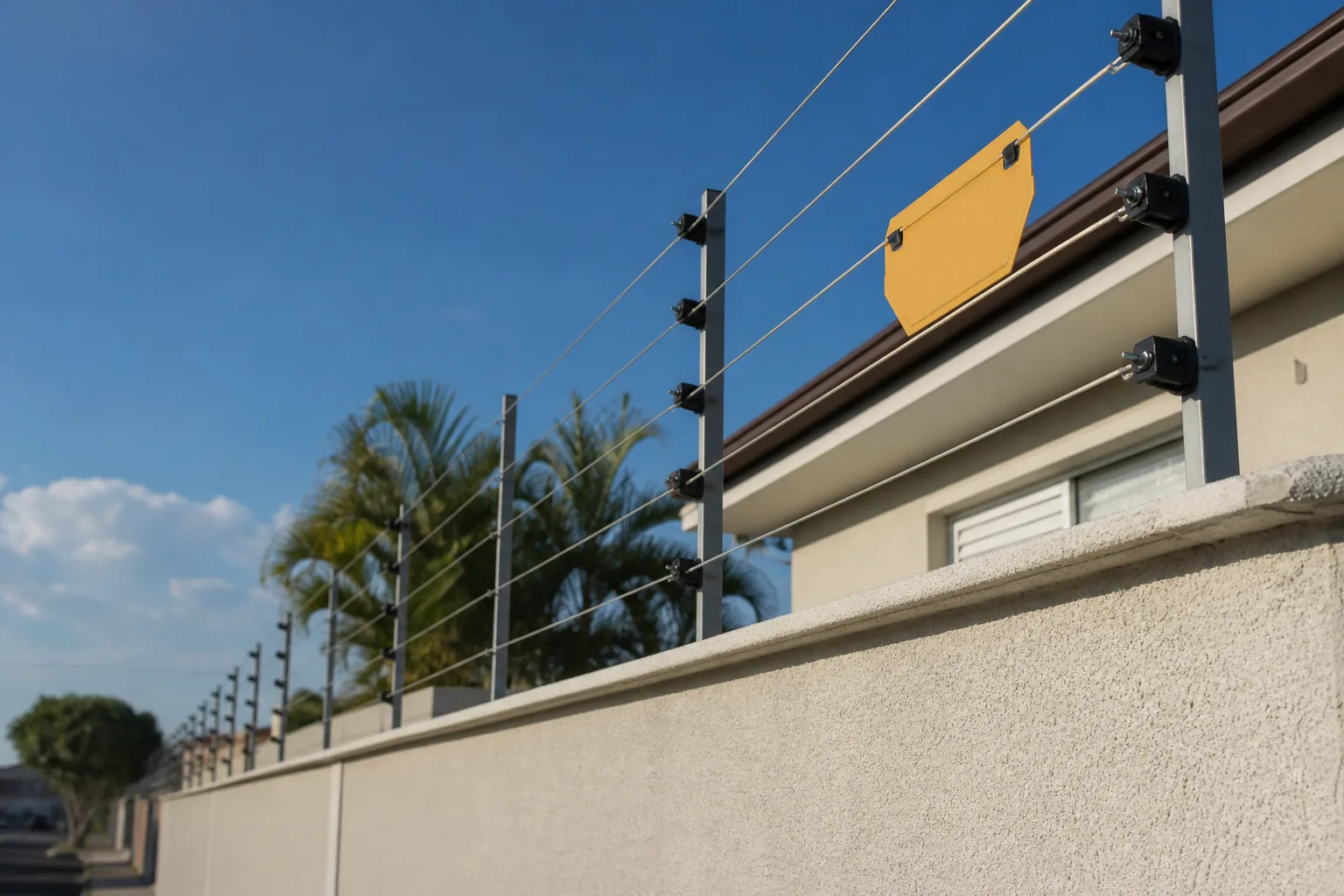 Cerca elétrica instalada sobre muro residencial