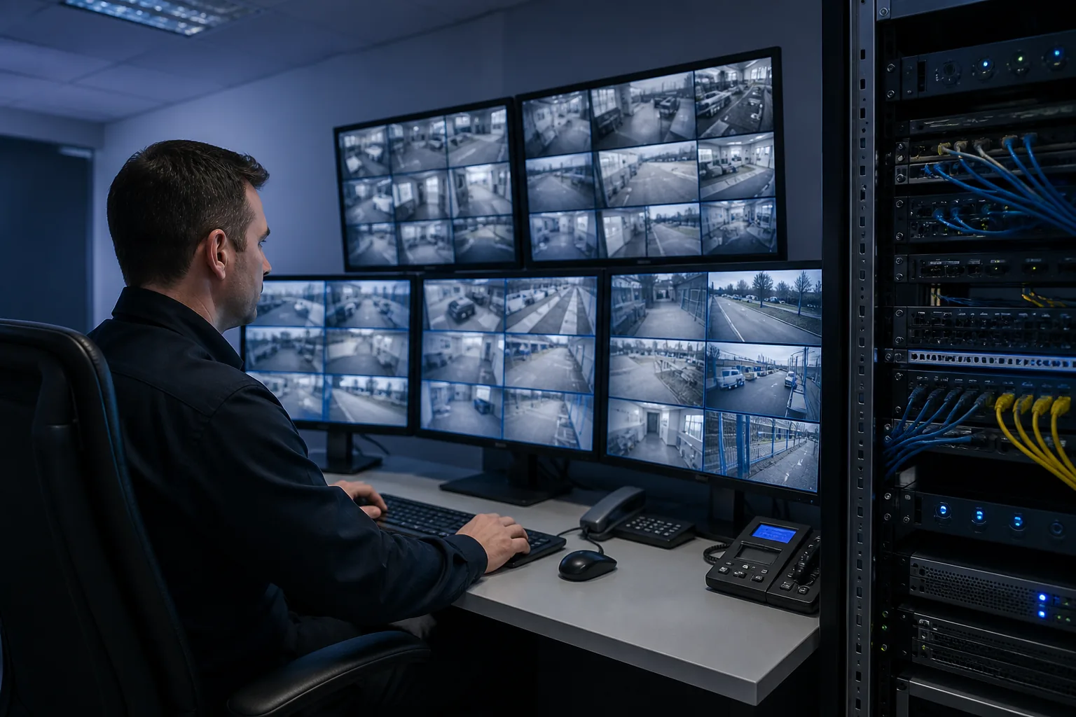 Central profissional de monitoramento com gravador e várias câmeras