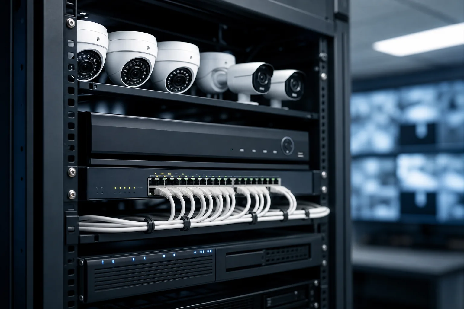 NVR, switch PoE e câmeras IP em rack organizado