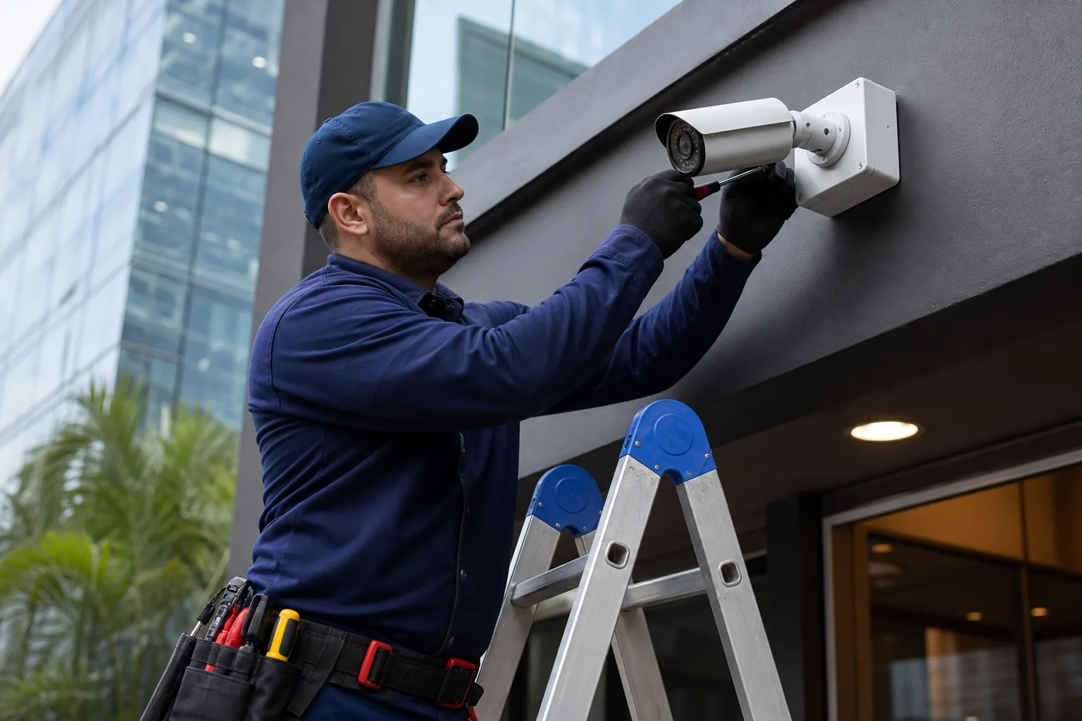 Técnico realizando manutenção preventiva em câmera de segurança
